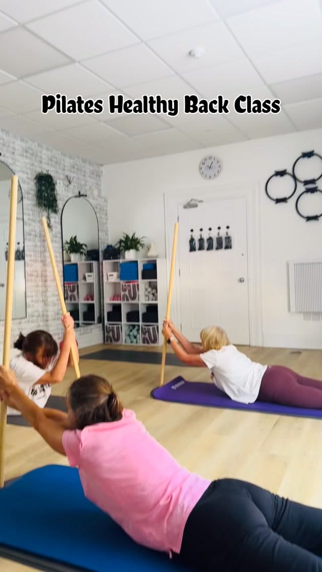 Healthy Back class holding wooden poles overhead on mats